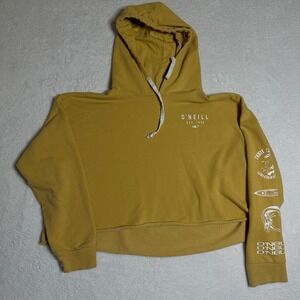 O'Neill Women's L Mustard Yellow Cropped Hoodie Surf Graphic Pullover Coastal